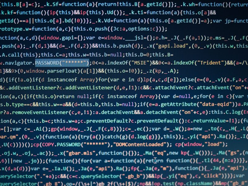 Computer screen displaying program code, website development, application building, password